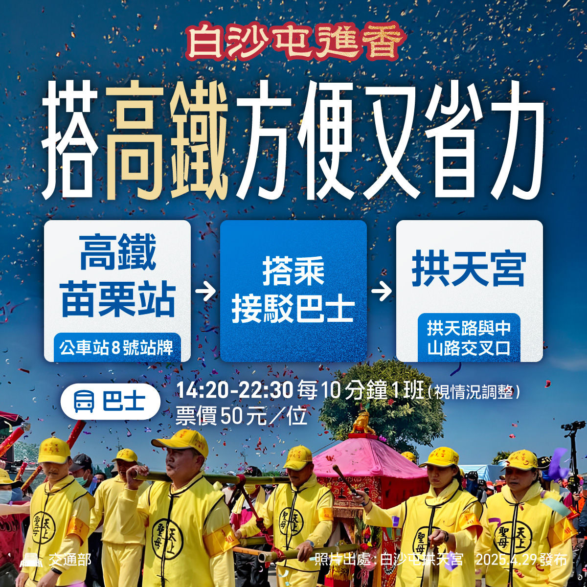 ▲▼白沙屯媽祖進香活動，公路局攜手高鐵開接駁車   。（圖／公路局提供）