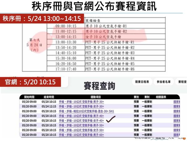 ▲▼民進黨台北市議員簡舒培接獲陳情，民眾報名「女子10公尺空氣手槍賽」，結果官網公布賽程時間與秩序冊不同。（圖／台北市議員簡舒培辦公室提供）