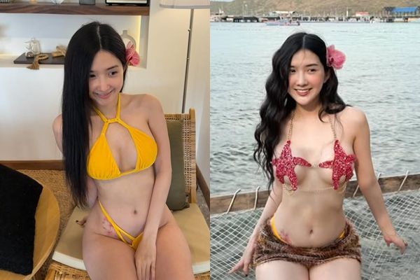 ▲▼甜美泰女歌手「扯開比基尼」雪乳遮不住！。（圖／beerpassaranan）