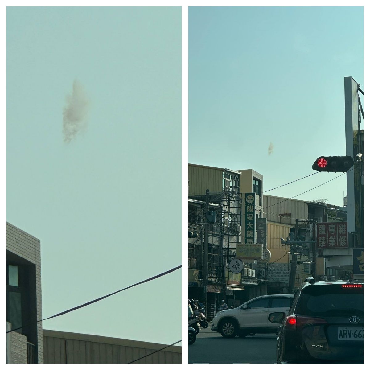 ▲台南市北區文賢路、武聖路一帶4/30午後驚見IDF戰機空中釋放火焰彈，畫面顯示天空中冒出不明煙霧。（圖／簡豪江授權提供，下同）
