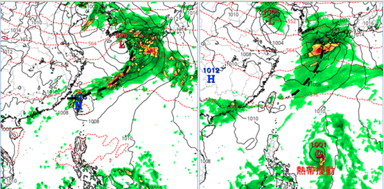 ▲▼(左圖)下週二(6日)8時地面氣壓及降水圖顯示，鋒面伴隨降雨抵達台灣。(右圖)因有「熱帶擾動」靠近，鋒面結構遭到破壞。（圖／洩天機教室）