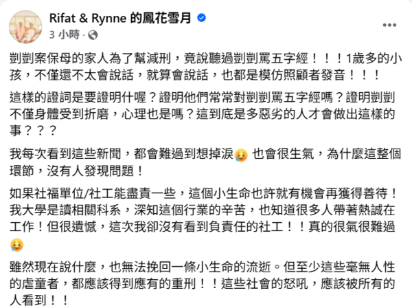 ▲▼保母兒稱「剴剴會罵5字經」吳鳳妻怒批：是多惡劣？（圖／翻攝自Facebook／Rifat & Rynne 的鳳花雪月）