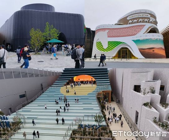 ▲左上圖生命未來主題館、右上圖土庫曼國家館、下圖西班牙國家館都是很有特色的建築。（圖／記者張佩芬攝）