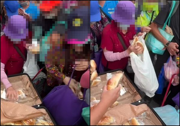 ▲▼公嬤劫緣「塑膠袋狂掃」！10分鐘搶光300個結緣麵包。（圖／翻攝自白沙屯媽祖全球徒步聯誼會臉書）