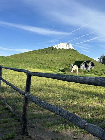 該樂園以人工草皮覆蓋山丘、白色塗料模擬雪頂，打造山寨日本富士山。（翻攝畫面）