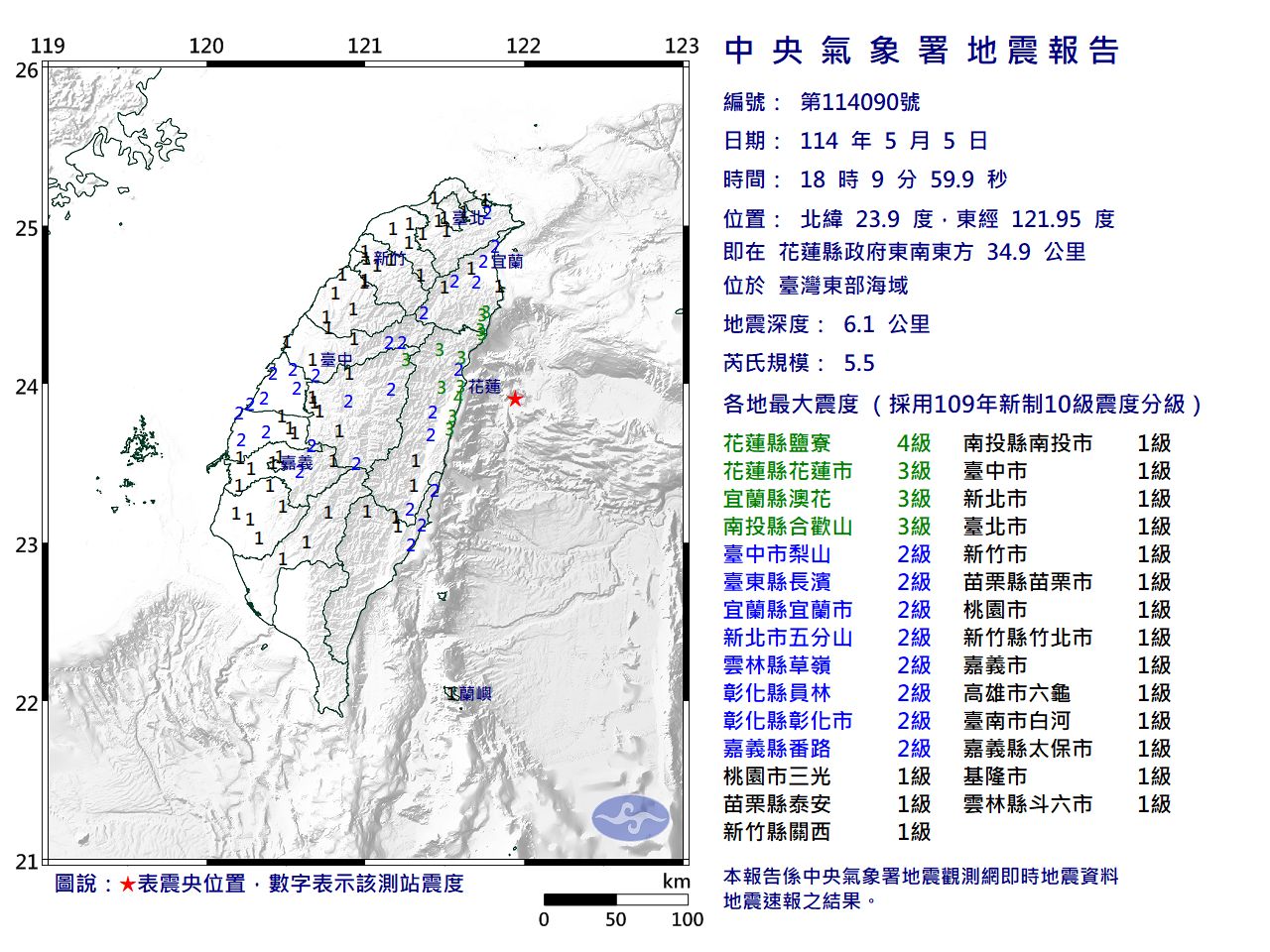 快訊／18:09台灣東部海域規模5.5「極淺層地震」　最大震度4級