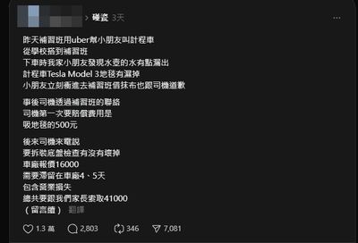 小學女童搭Uber弄濕特斯拉 司機求償4萬嗆「舔乾淨」就當和解