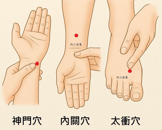 ▲▼醫師劉泰然說明平時可按摩神門、內關、太衝等安神穴位保養。（圖／土城醫院提供）