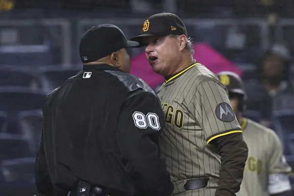 ▲ 小塔提斯（Fernando Tatis Jr.）在一次爭議性的好球判決後被三振，隨後與希爾特（Mike Shildt）因抗議判決被驅逐出場   。（圖／達志影像／美聯社）