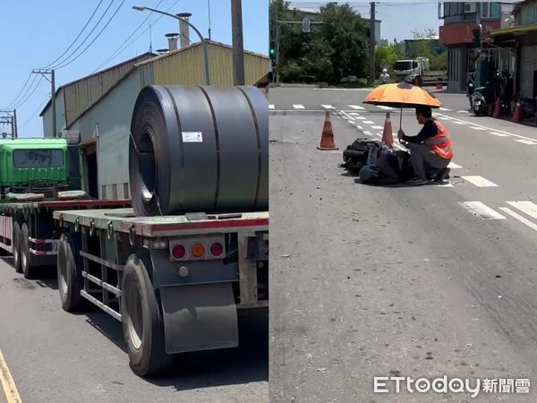▲▼高雄拖板車「22噸重鋼捲」半路噴飛！　騎士遭砸當場倒地送醫。（圖／翻攝記者爆料網）