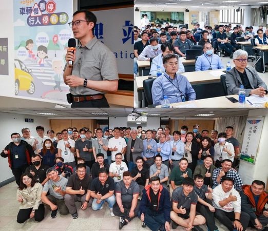 ▲左上圖北市政府交通警察大隊秘書室主任林洸賢擔任講座講師；右上圖與下圖近80人共同參與講座。(圖／業者提供）