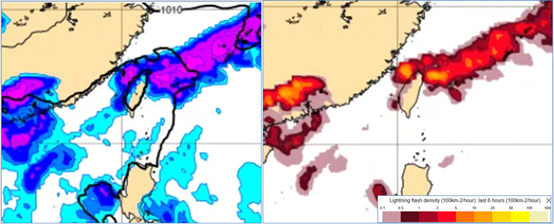 ▲▼週六(10日)8時地面氣壓及降水模擬圖顯示，鋒面南下，天氣轉變，有較大雨勢。（圖／翻攝洩天機教室）