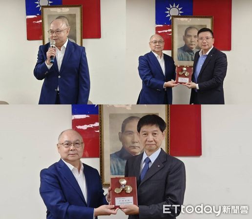▲左上圖張衍義當選後致詞；右上圖張衍義代表公會致贈念品給卸任常務監事蔡豐明；下圖張衍義贈致紀念品給理事長鄭正雄。（圖／記者張佩芬攝）