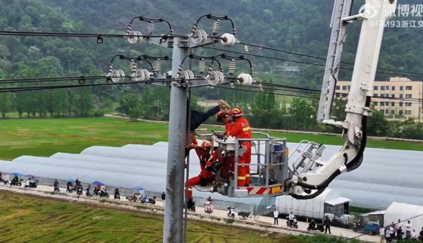 ▲▼爬電線竿偷鳥窩　陸男觸電昏迷倒掛半空中。（圖／翻攝微博）