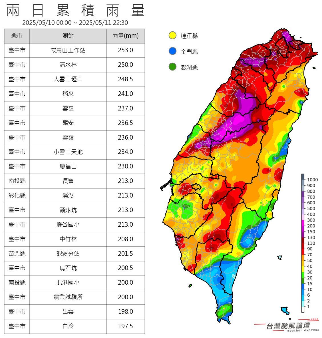 ▲▼《台灣颱風論壇｜天氣特急》發出的2日累積雨量圖。（圖／取自臉書粉專《台灣颱風論壇｜天氣特急》）