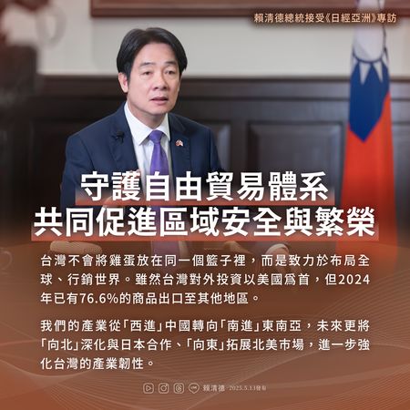 ▲▼賴清德接受「日本經濟新聞」訪問後，在臉書上重整並分享他的觀點，強調他的經貿路線，是不將雞蛋放在同一個籃子裡，而是致力於布局全球、行銷世界。（圖／賴清德臉書）