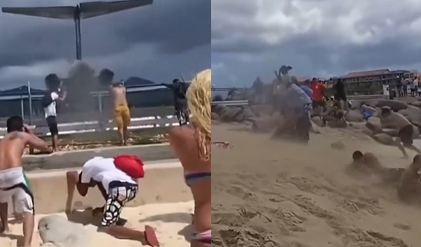 距離頭頂僅20公尺！遊客搶目睹「剃頭式起降」　慘被噴飛畫面曝。（圖／翻攝自X）