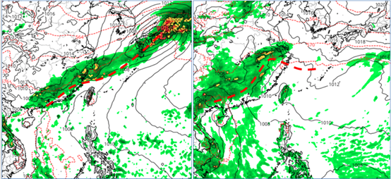▲▼最新(14日20時)歐洲模式(ECMWF)第10天(24日20時)模擬圖顯示，鋒面在東海南部，台灣在其南方的暖氣團内(左圖)；美國模式則模擬，鋒面還在華南(右圖)。（圖／洩天機教室）