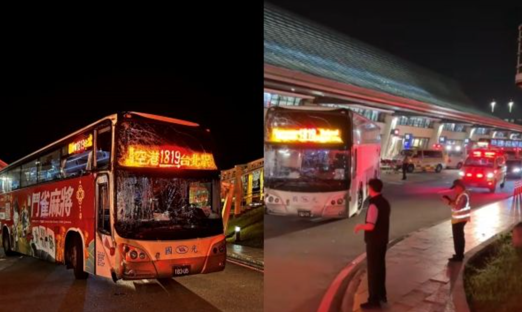 ▲▼國光客運自撞桃機第一航廈車道牆。（圖／翻攝自Facebook／爆料公社）