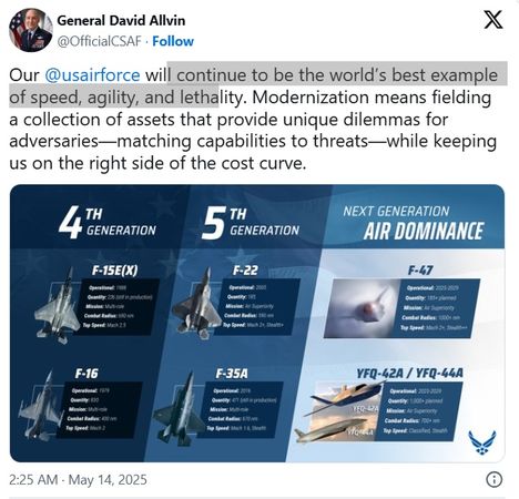 ▲▼美國空軍參謀長艾爾文（David Allvin）在官方X正式對外揭露第六代戰機F-47的性能數據。（圖／翻攝自David Allvin官方X）