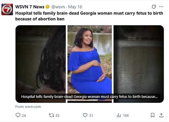 腦死孕婦被迫延命11週！喬治亞州墮胎禁令惹議　醫院拒拔管只為救胎兒