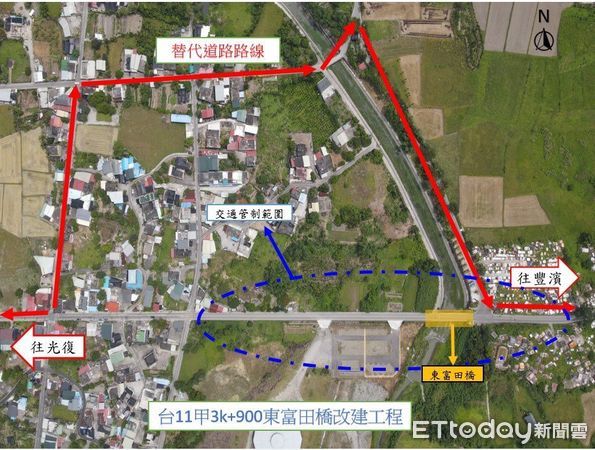 ▲台11甲線東富田橋改建工程交通管制範圍。（圖／公路局提供，下同）