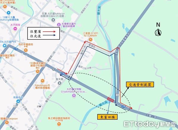 ▲台11甲線東富田橋改建工程交通管制範圍。（圖／公路局提供，下同）