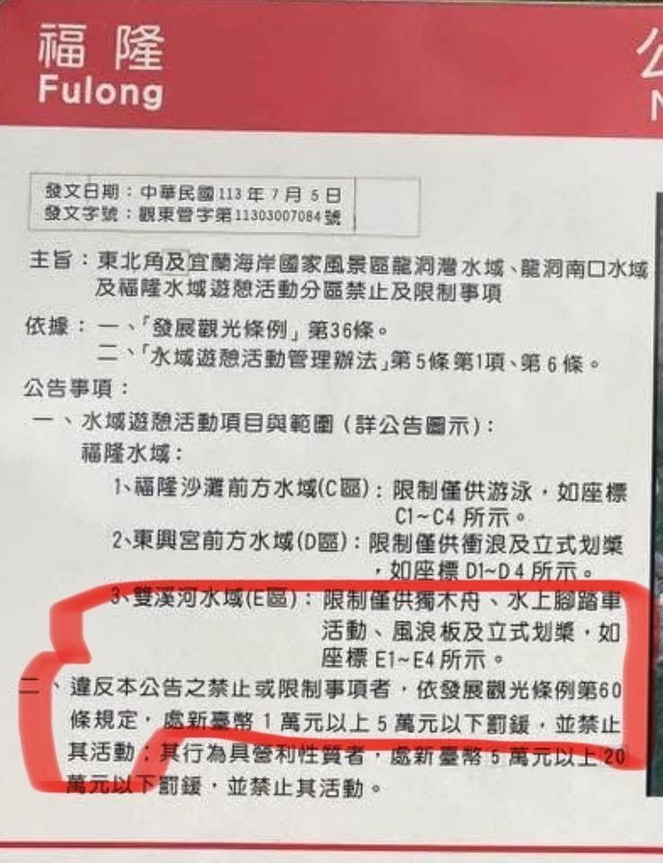 ▲福隆沙灘前方、東興宮前方和雙溪河水域的遊憩項目均不同，但許多民眾並不知情，違反規定甚至會吃上罰單。（圖／東北角風管處提供）