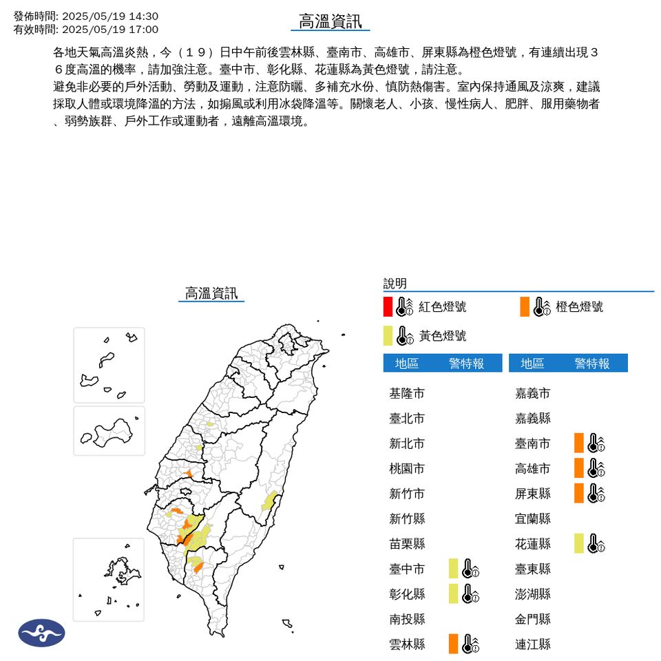 快訊／7縣市高溫警示　高溫上看36度