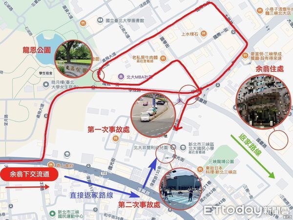 ▲▼余姓老翁下三峽交流道後行車路線             。（圖／記者陳以昇攝）