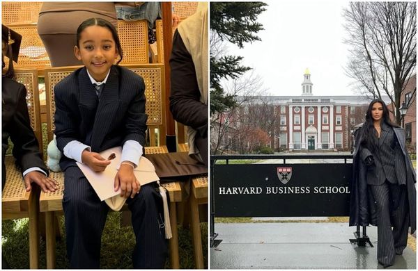 7歲的Chicago（左圖）出席媽咪的畢業典禮，服裝致敬金過去參訪哈佛商學院時的造型（右圖）。（翻攝kimkardashian IG）