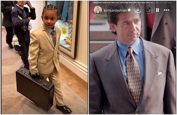 Psalm（左）在媽媽畢典上穿西裝，向祖父羅伯特卡戴珊致敬（右圖）。（翻攝kimkardashian IG）