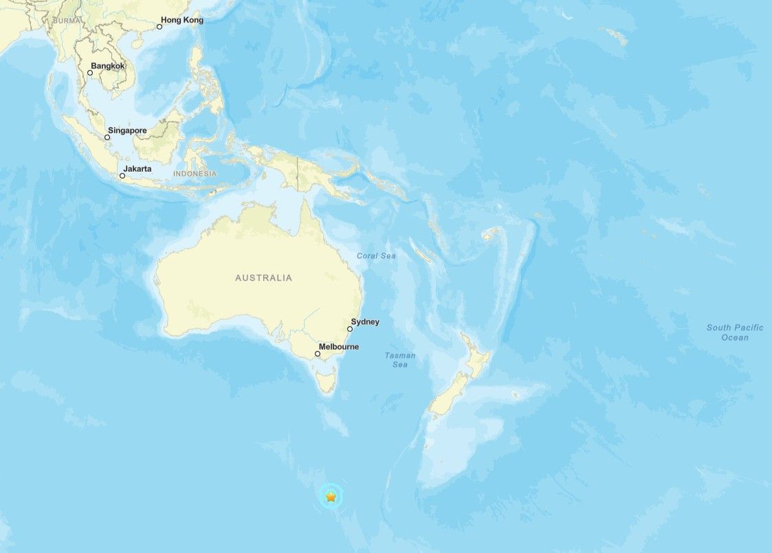▲▼澳洲麥夸利島（Macquarie Island）以西海域發生地震。（圖／翻攝自USGS）
