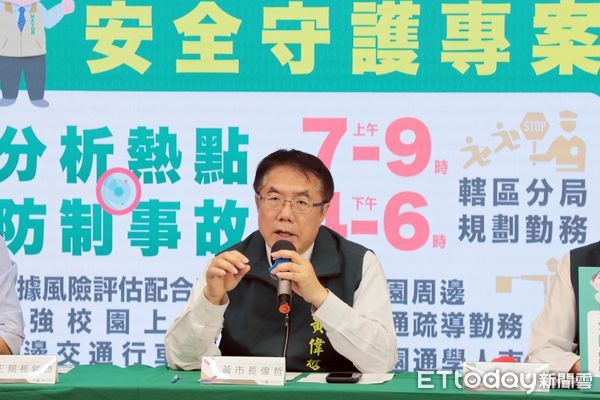 ▲市長黃偉哲主持「學生通學安全守護專案」啟動記者會，宣佈從工程、教育與執法三面向整合推動校園周邊交通安全。（記者林東良翻攝，下同）