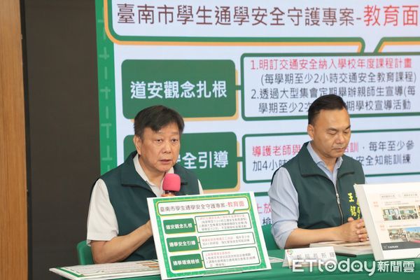 ▲市長黃偉哲主持「學生通學安全守護專案」啟動記者會，宣佈從工程、教育與執法三面向整合推動校園周邊交通安全。（記者林東良翻攝，下同）
