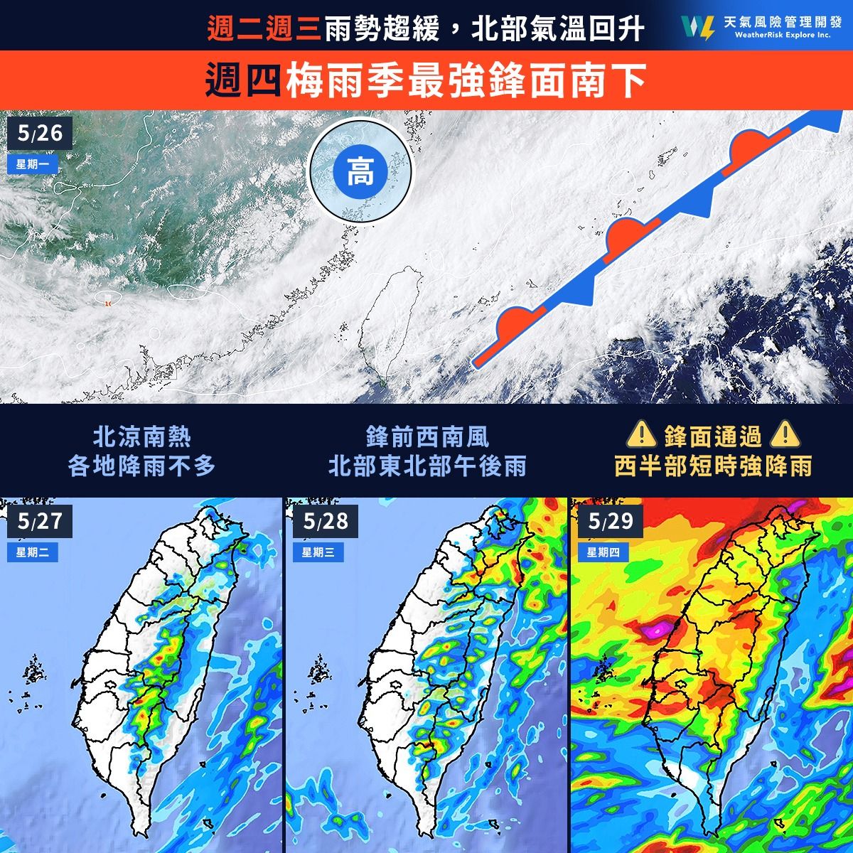 ▲周三鋒面接近，周四鋒面通過，慎防短延時強降雨。（圖／翻攝自Facebook／天氣風險 WeatherRisk）