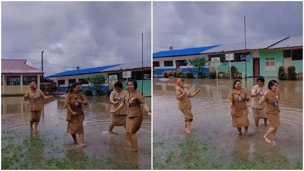 校園大淹水，印尼女校長與其他師長不救災「水中開心熱舞」。（翻攝tiktok）