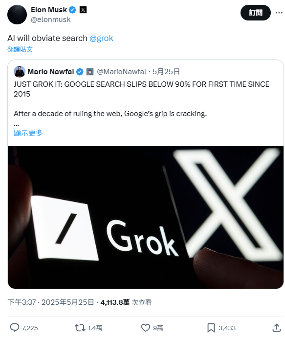 ▲馬斯克預言，AI將取代傳統搜尋。（圖／翻攝自X／Elon Musk）
