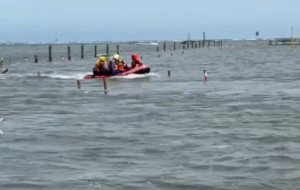 ▲鄭姓阿北困蚵道消防緊急下海搶救。（圖／消防局提供）