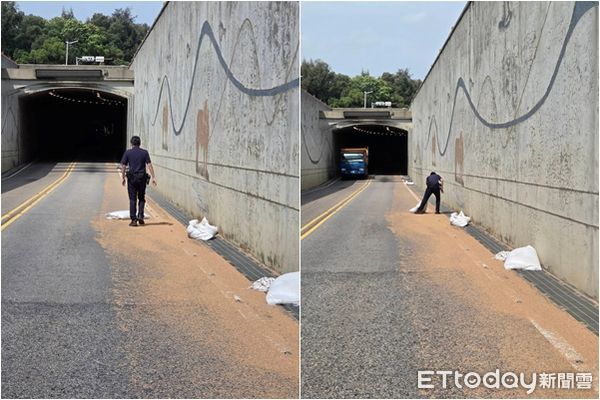 ▲▼金門大貨車沿路噴小麥。（圖／記者林名揚翻攝）