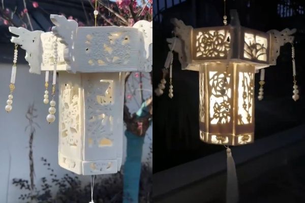 ▲▼阿姨用魚骨做成六角宮燈。（圖／翻攝自微博）