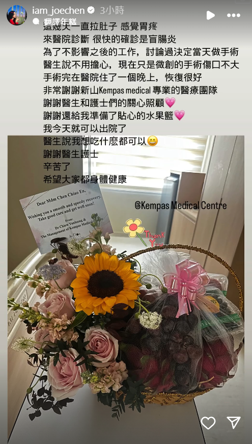 ▲▼陳喬恩盲腸炎。（圖／翻攝自Instagram／iam_joechen）