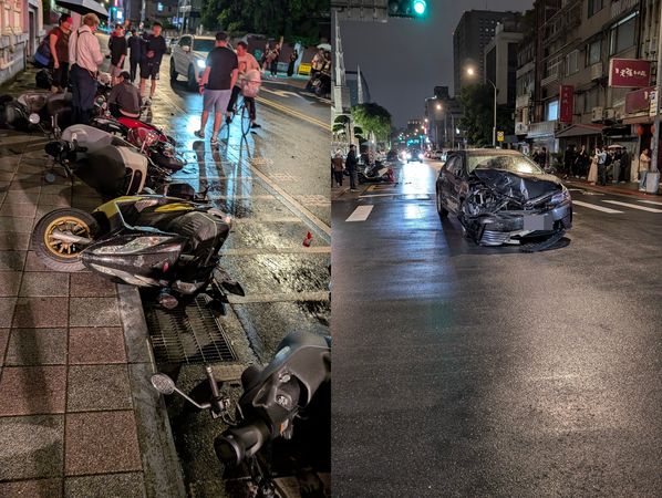 ▲北市永康街Uber暴衝釀禍，13機車遭撞、行人骨折送醫。（圖／網友提供）
