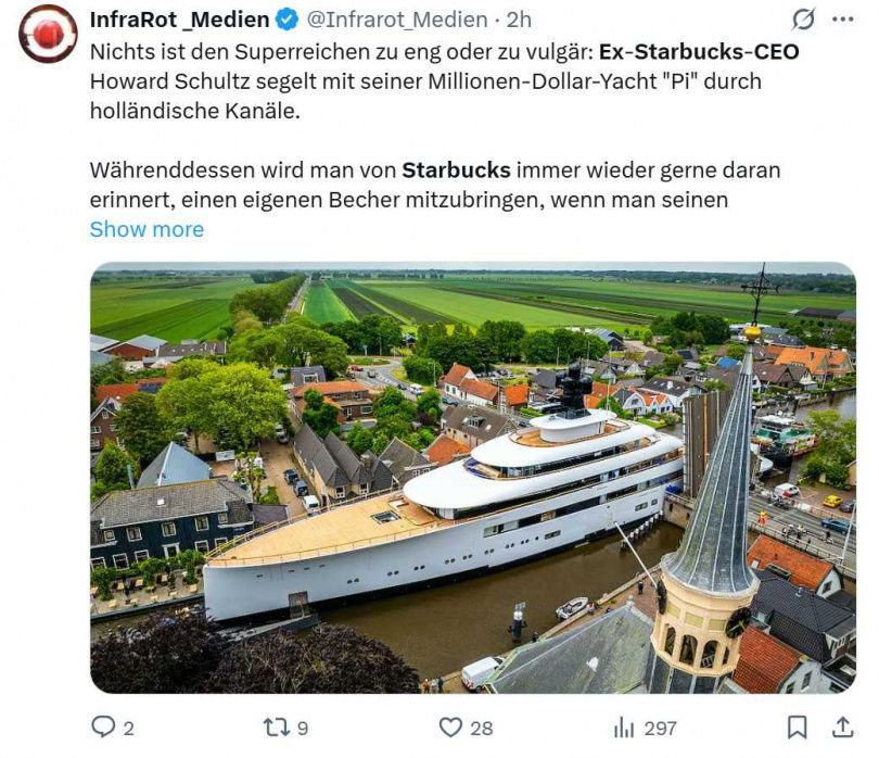 星巴克前執行長打造60億超級遊艇　通過荷蘭狹窄運河「幾乎貼牆航行」
