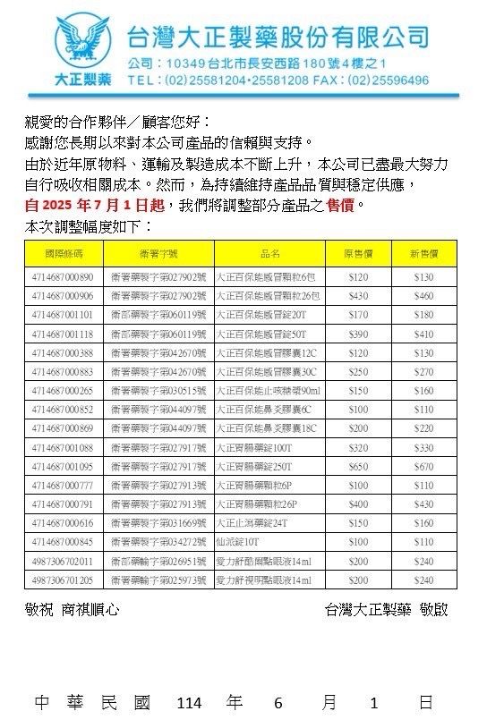 台灣大正製藥發出調價通知。（圖／圖／沈采穎提供）