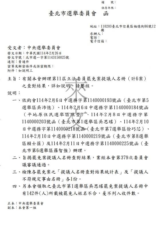 ▲▼中選會證實，北市選委會來文指吳思瑤罷免案連署書中，有142件所載的「被罷免人」非吳思瑤。（圖／中選會提供）