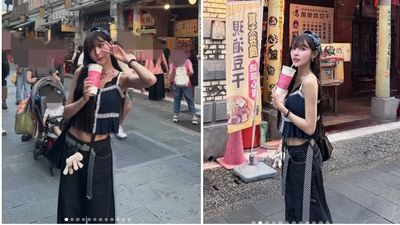 林襄「中空0偽裝」逛大溪老街！身邊都是路人  解放細肩帶全被拍