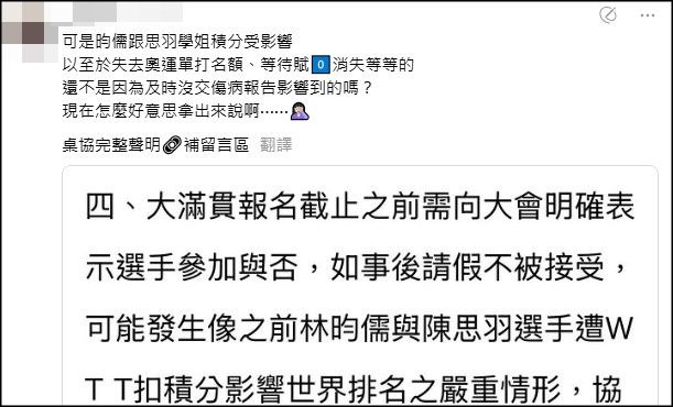 ▲▼竟有臉提！林昀儒、陳思羽請假被扣積分　內幕竟是桌協沒交傷病證明害的。（圖／翻攝自threads）