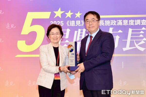 ▲台南市長黃偉哲出席《遠見》五星縣市長頒獎典禮，代表台南市獲得「施政滿意度最佳進步獎」。（記者林東良翻攝，下同）
