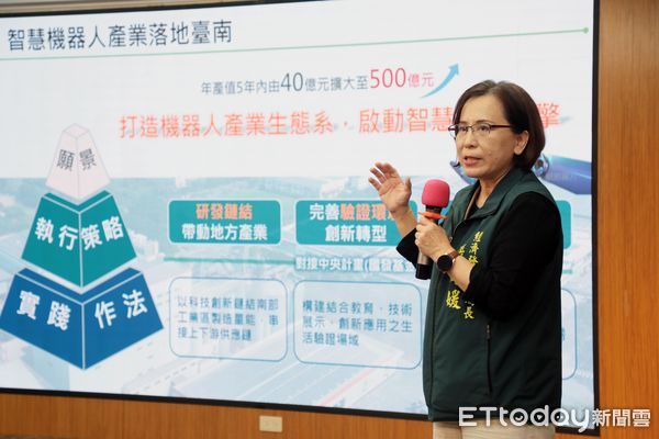 ▲台南市長黃偉哲出席智慧機器人產業聚落說明會，宣佈釋出104公頃土地，打造南方AI製造核心。（記者林東良翻攝，下同）
